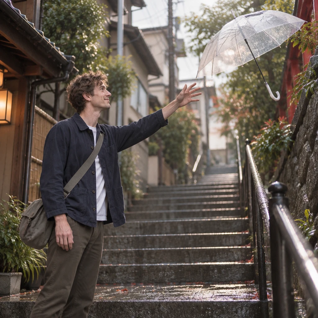 Leo reaches toward a clear umbrella carried out of reach by the wind above the wet Yuyake Dandan steps.