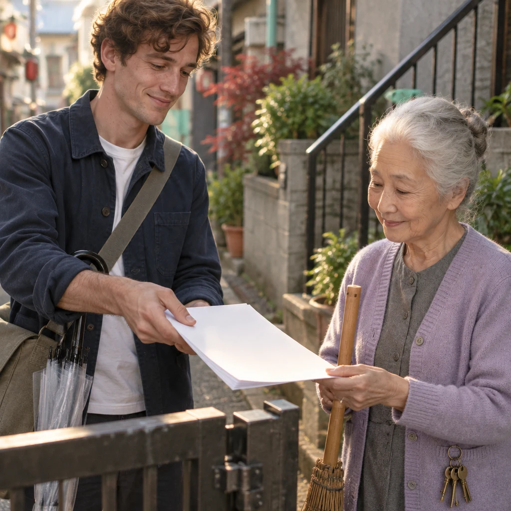 Leo takes the lease from his bag and offers its pages to Ono-san.