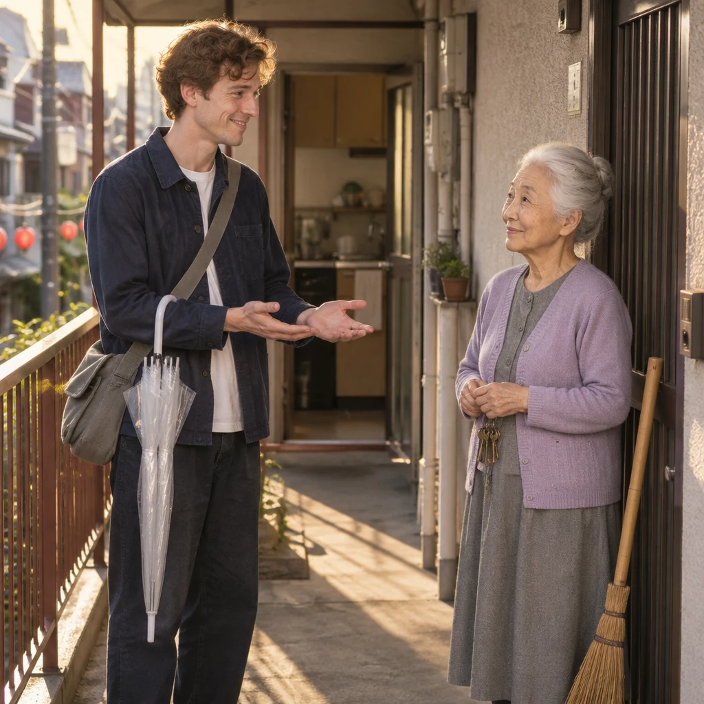 Leo offers to split the repair cost while Ono-san listens at the gate.