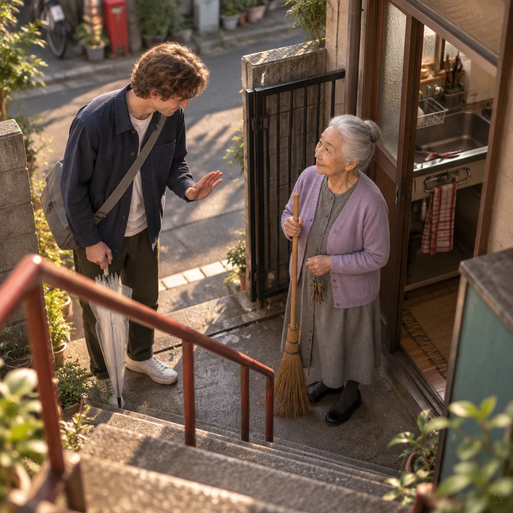 Leo makes a small polite bow as he asks Ono-san to handle the repair within the week.