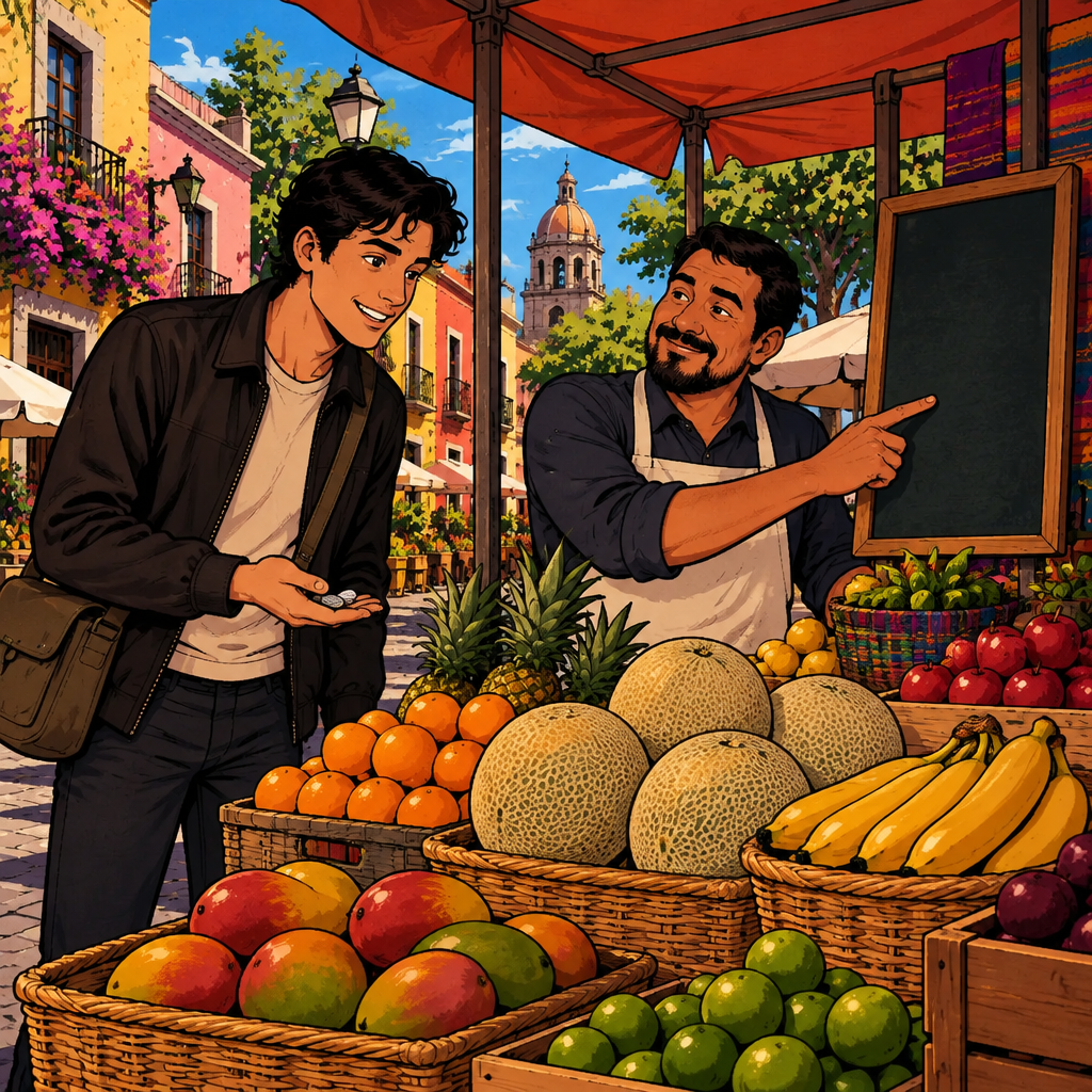Justin studies a large melon with a few coins ready in his hand while Ben proudly points at a blank price board behind the fruit.