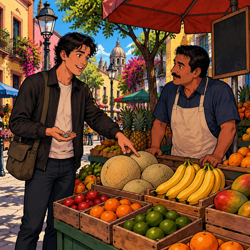 Justin points to the large melon and looks at Ben with an inquisitive expression as he asks its price.
