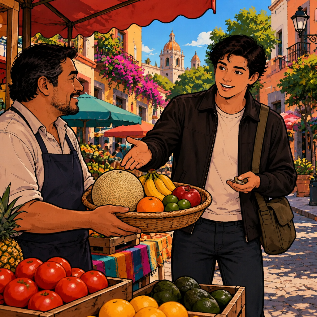 Justin gestures across his selected fruit and asks Ben for the total while holding his coins ready.