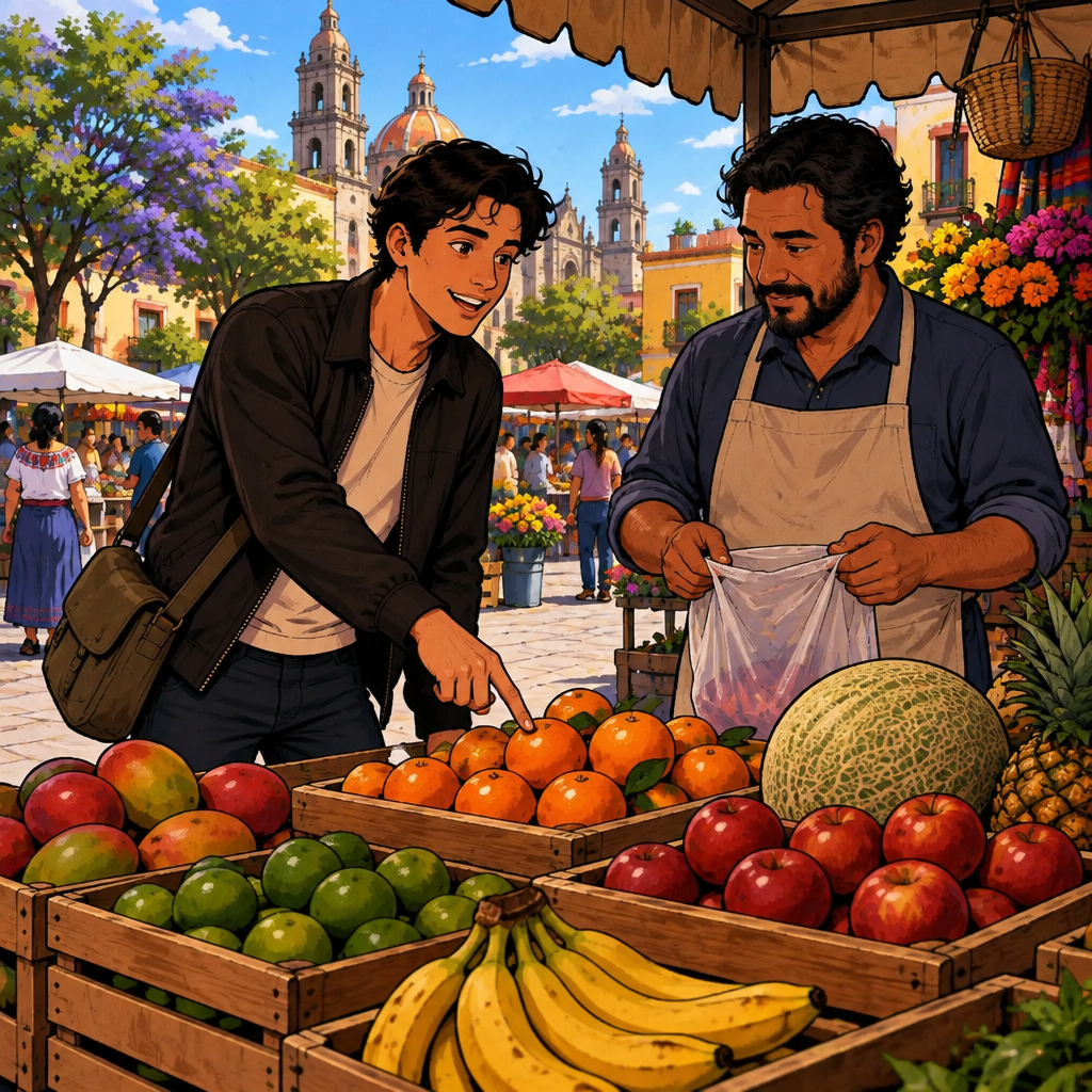 Justin points from one small fruit to another with a questioning expression as he asks how many there are.