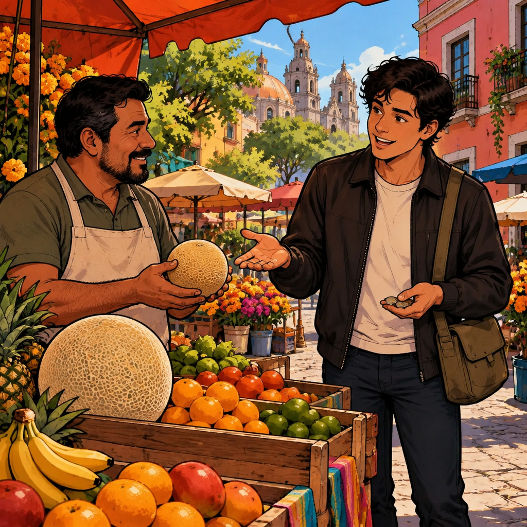 Justin asks about a smaller melon while Ben presents it as an alternative to the large one.