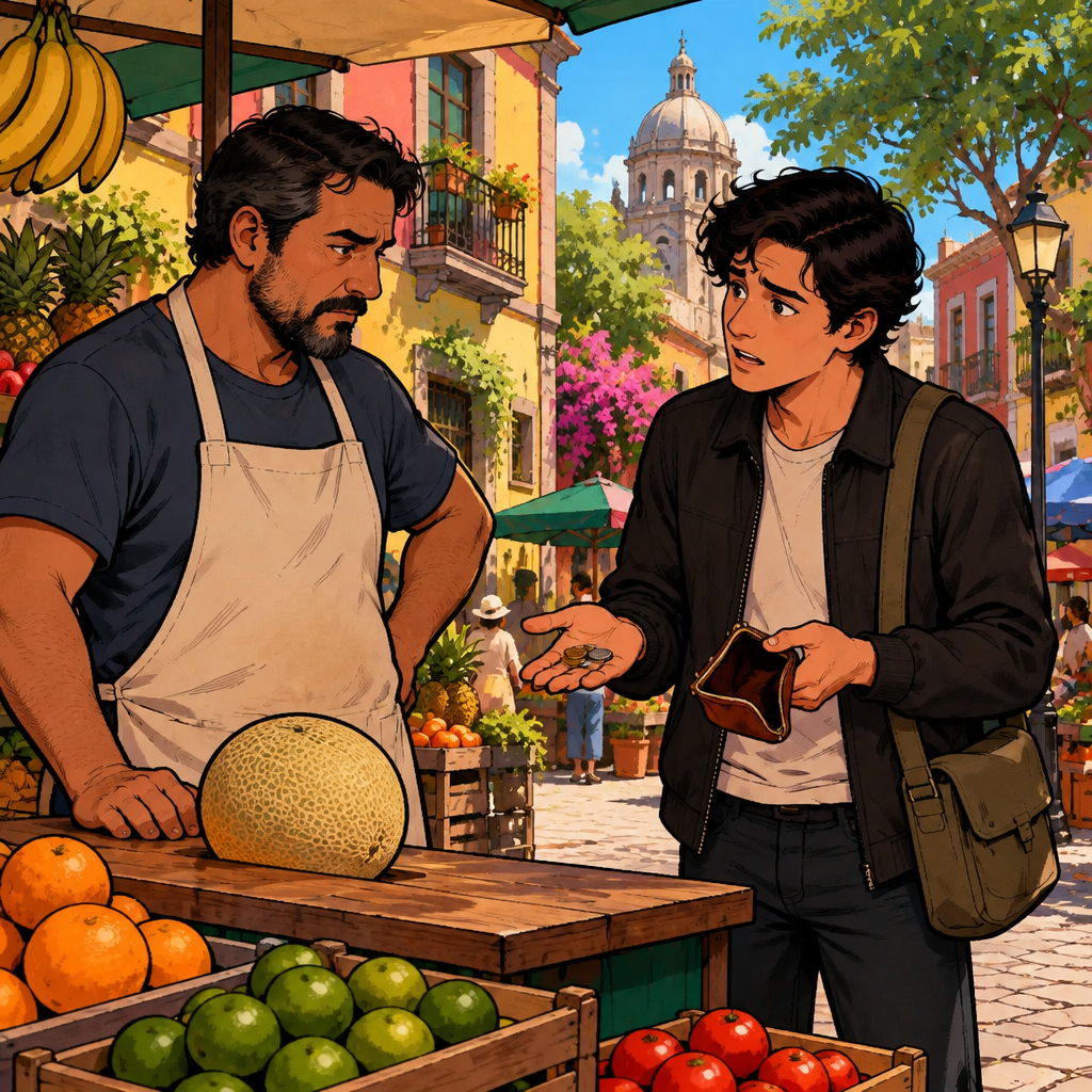 Justin sadly shows Ben his few remaining coins and an empty coin purse to explain that he cannot afford the fruit.