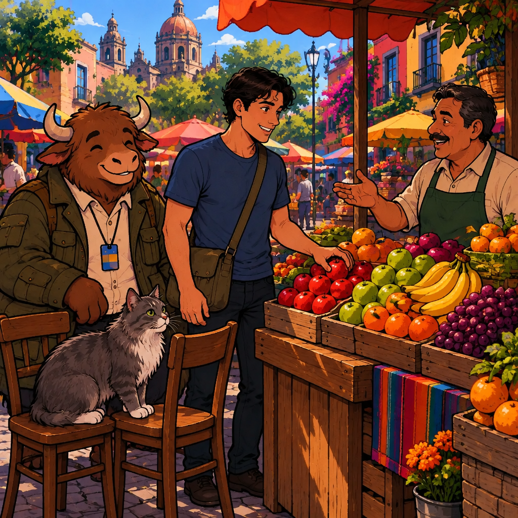 At a busy market fruit stall, a vendor asks Justin questions while Justin stands ready to choose, with a fluffy gray cat sitting on two chairs beside the stall watching the fruit.