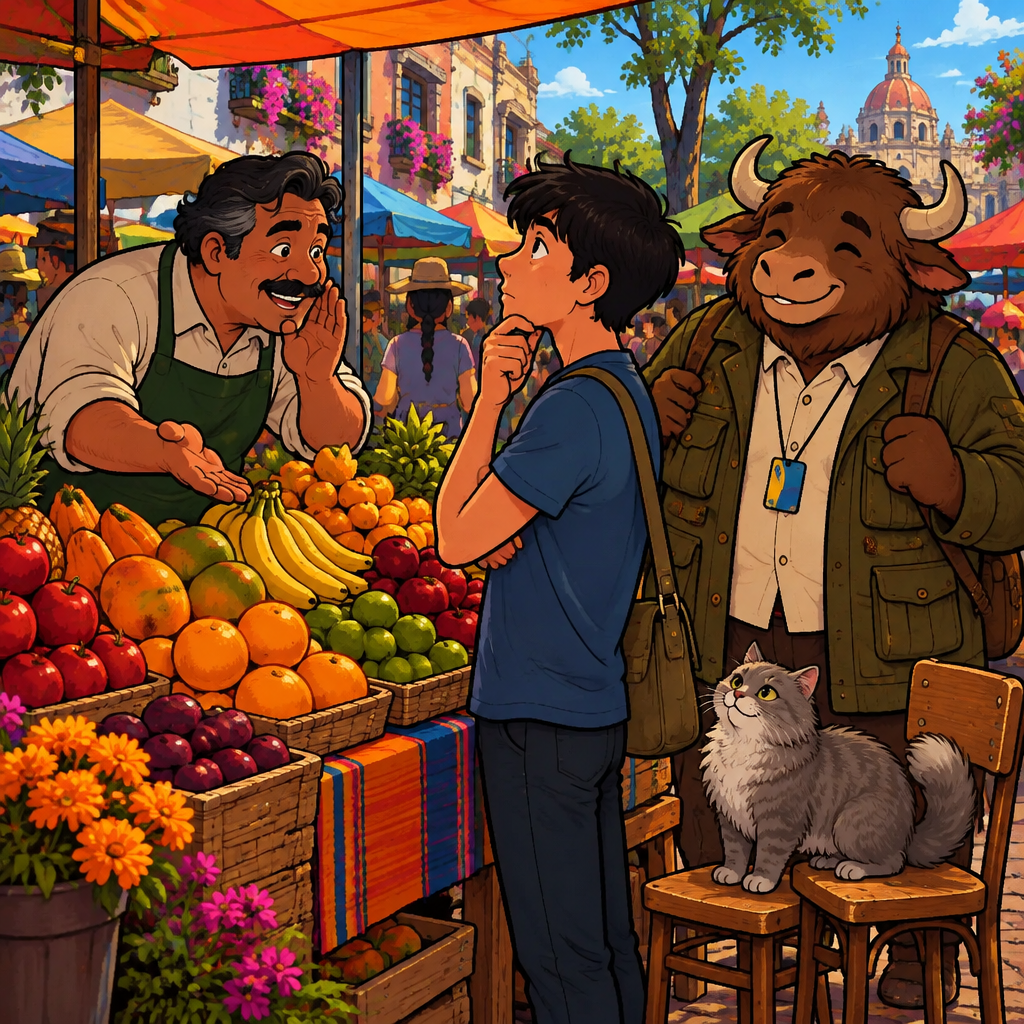 Ben leans over the stall asking Justin a friendly question, while Justin thinks with a hand on his chin.