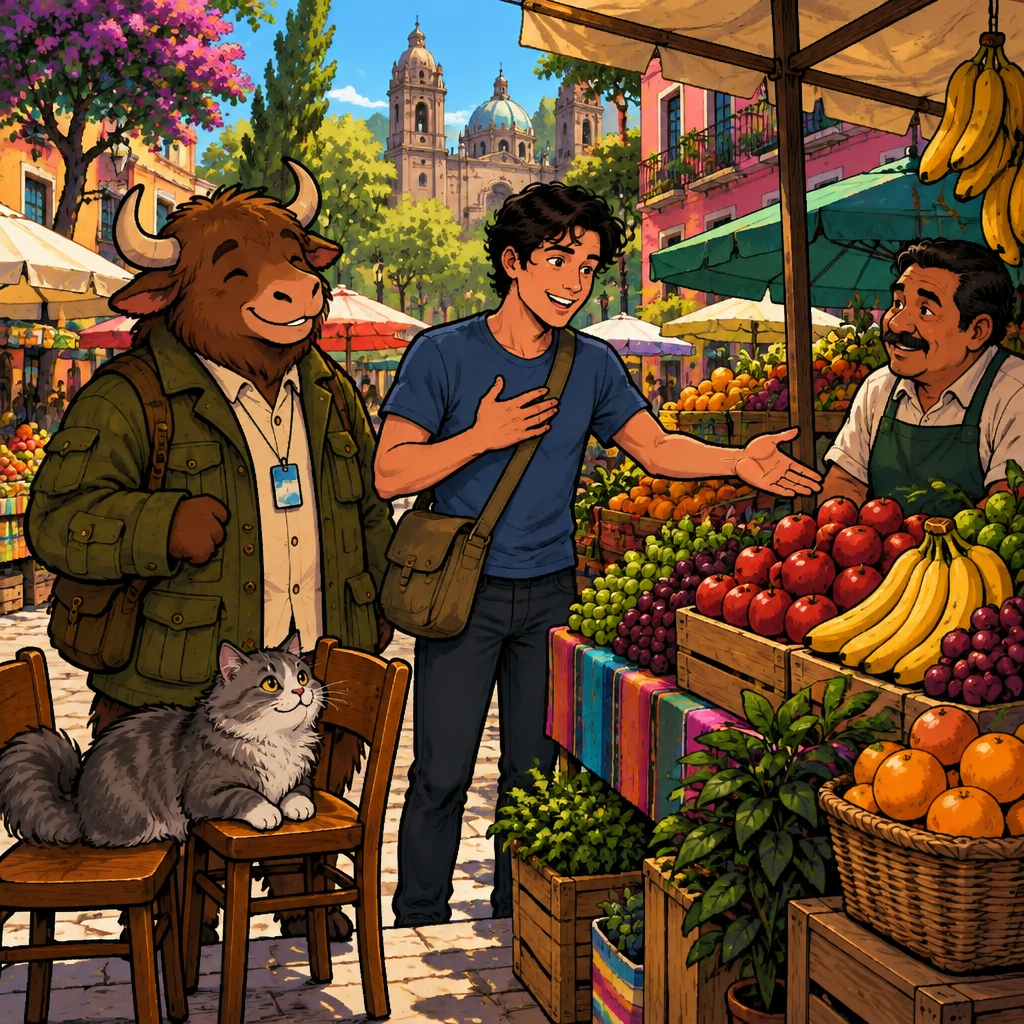 Justin smiles and points at the fresh fruit, saying which food he likes.