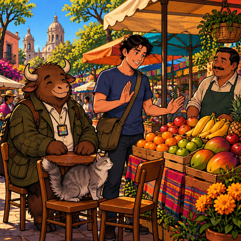 Justin shakes his head and holds both palms up, explaining he can't eat something, while Ben looks understanding.