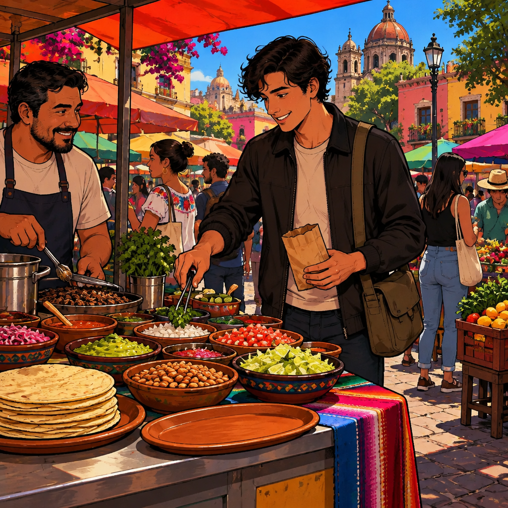Justin chooses ingredients at Ben's busy food stall while a bowl of peanuts rests beside tortillas and one empty space waits for the final item.