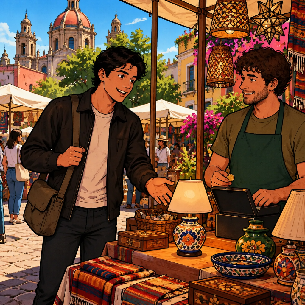 Justin politely asks Ben to ring up the small lamp, gesturing toward it across the counter.