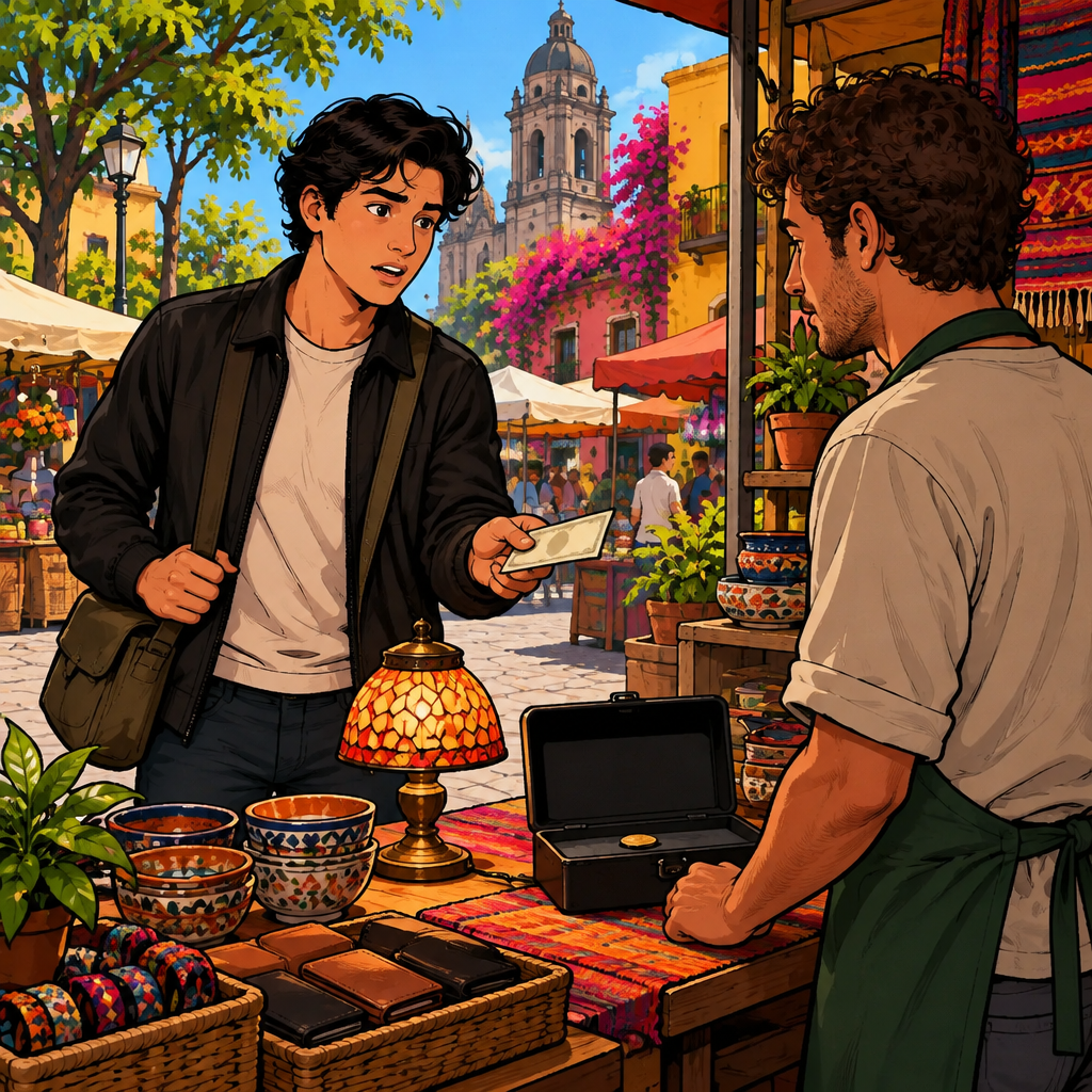 Justin holds out paper money and asks Ben whether the stall accepts cash.