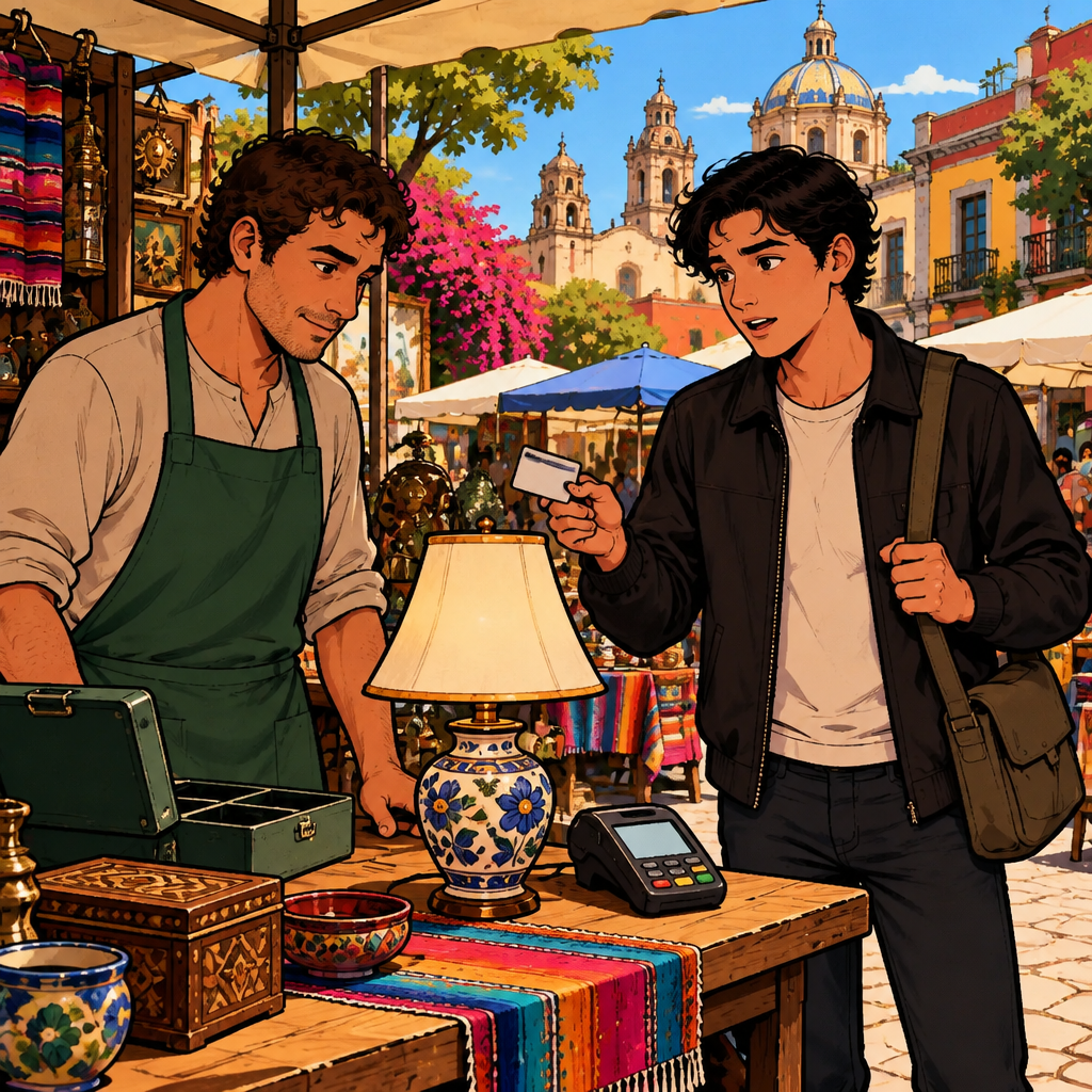 Justin presents a payment card and asks Ben whether he accepts card payments.