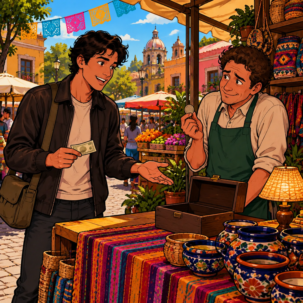 Justin asks about change while Ben awkwardly displays the only coin in his cash box.