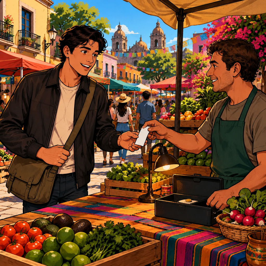 Justin asks for a receipt as Ben offers him a narrow blank paper slip.