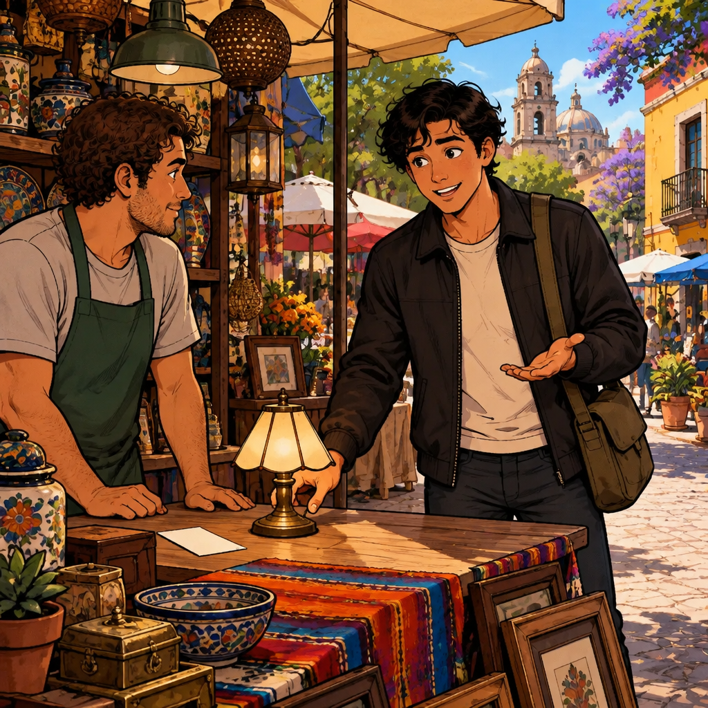 Justin asks whether he could return the lamp, lightly sliding it back toward Ben with a questioning gesture.