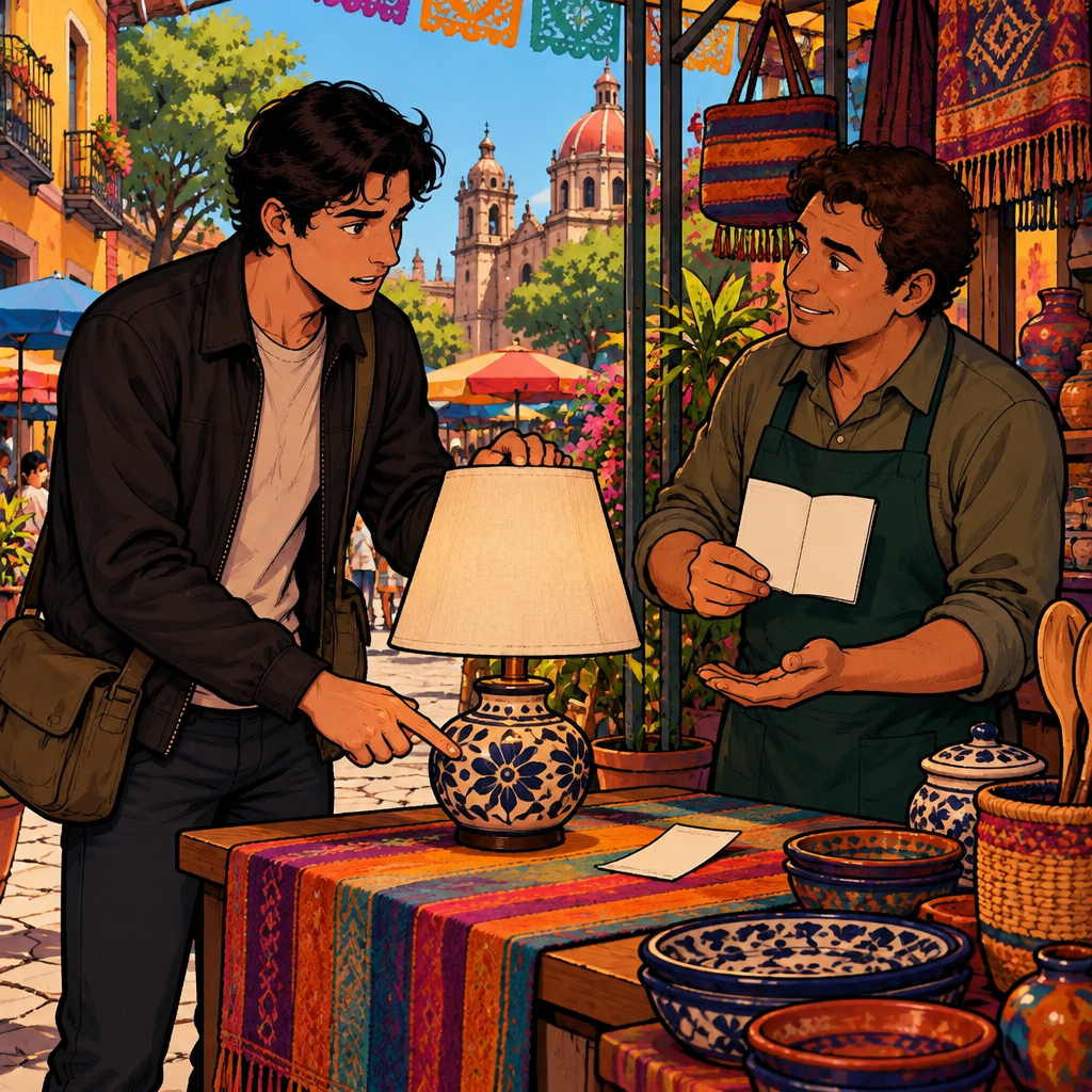 Justin asks about the lamp's warranty while inspecting its base and Ben presents a blank warranty booklet.