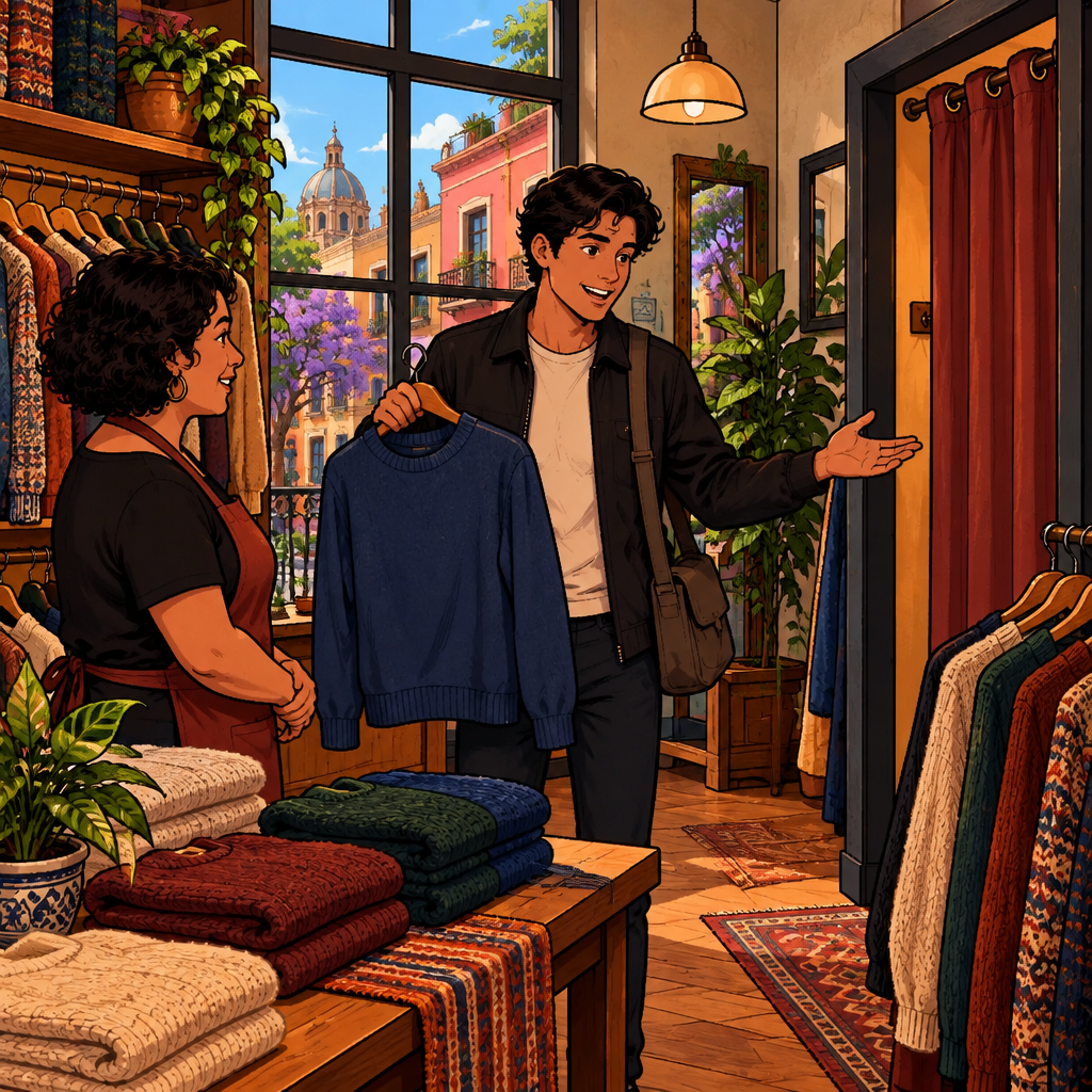 Justin holds up a blue sweater and gestures toward the fitting room while asking the clerk for permission to try it on.