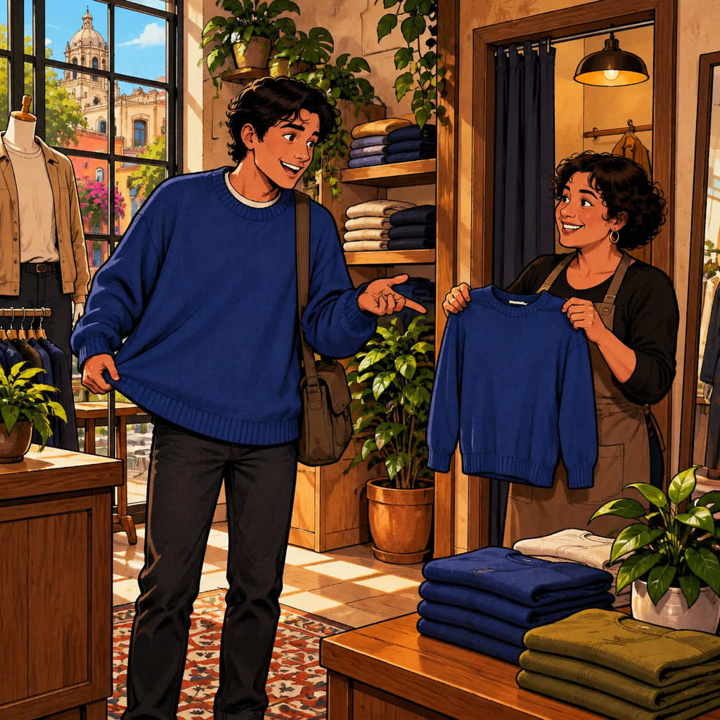 Justin asks the clerk for another size while comparing a loose blue sweater with a visibly smaller blue sweater.