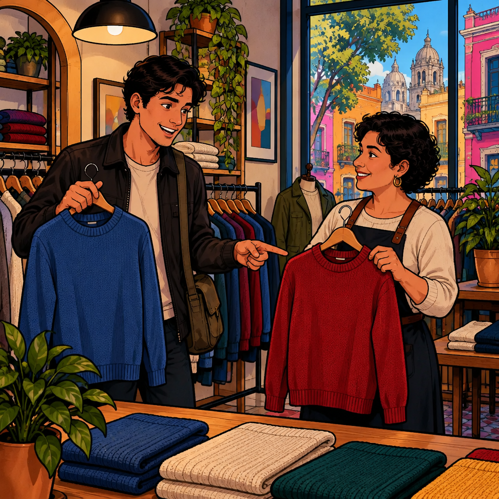 Justin asks about another color while pointing from a blue sweater to a red sweater of the same size and design.