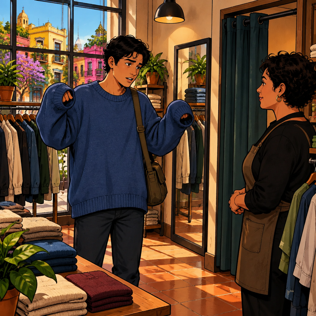 Justin demonstrates that a blue sweater is too big, with drooping shoulders, a loose body, and sleeves nearly hiding his hands.
