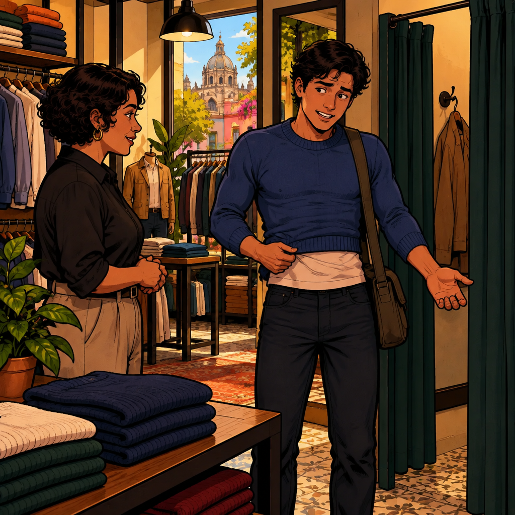 Justin demonstrates that another blue sweater is too small, with tight fabric, short sleeves, and a hem that sits too high.