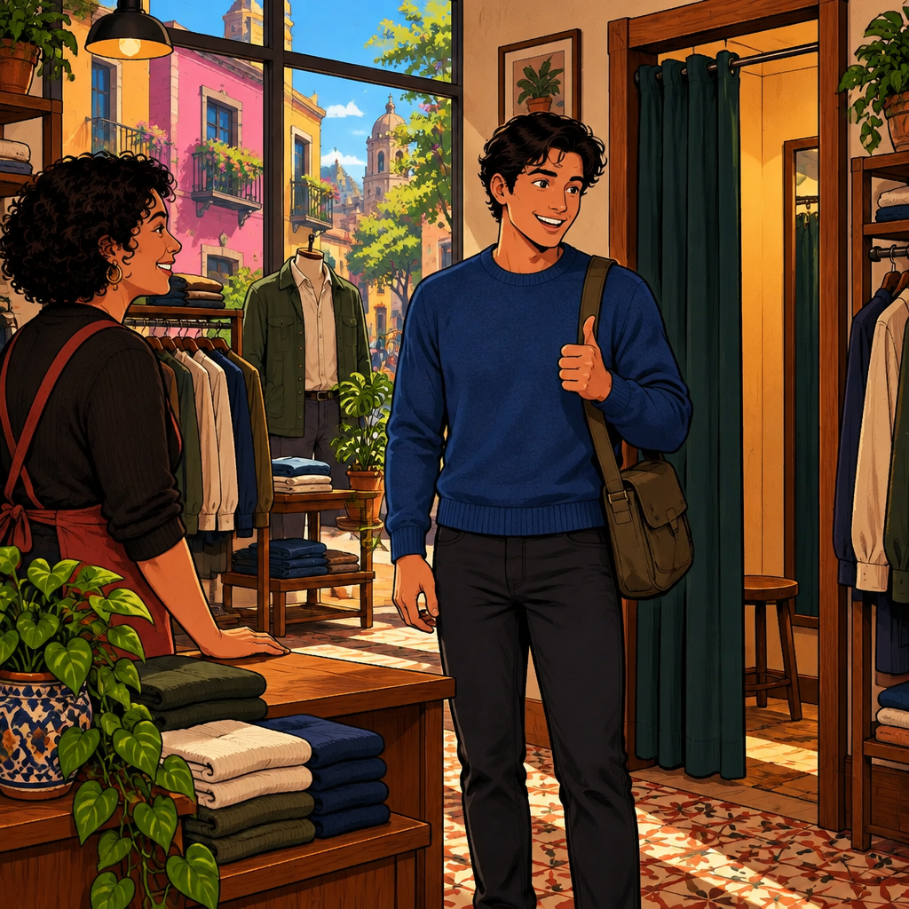 Justin smiles in a blue sweater that fits correctly at the shoulders, wrists, and hips while telling the clerk it fits just right.