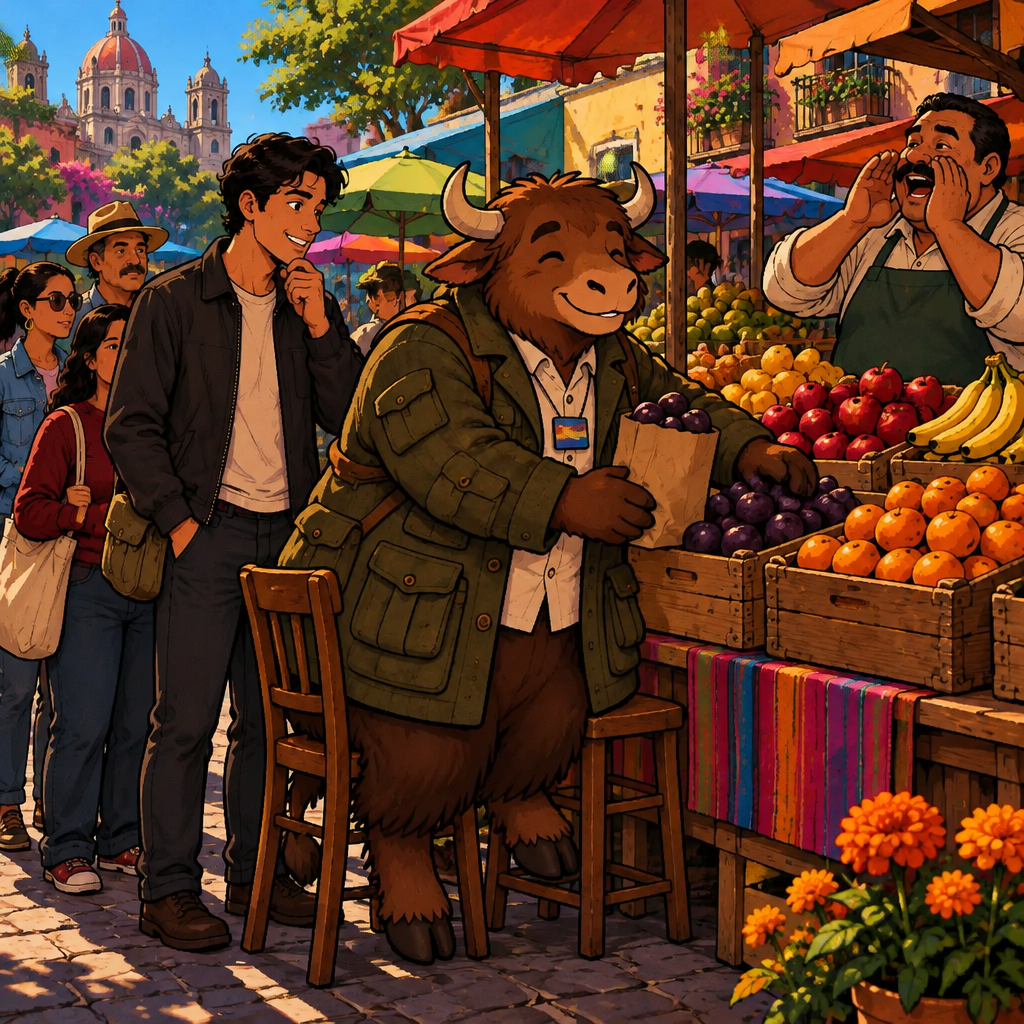A busy market fruit stall where a loud vendor sells fruit while a line of customers, including Yako and Justin, waits.