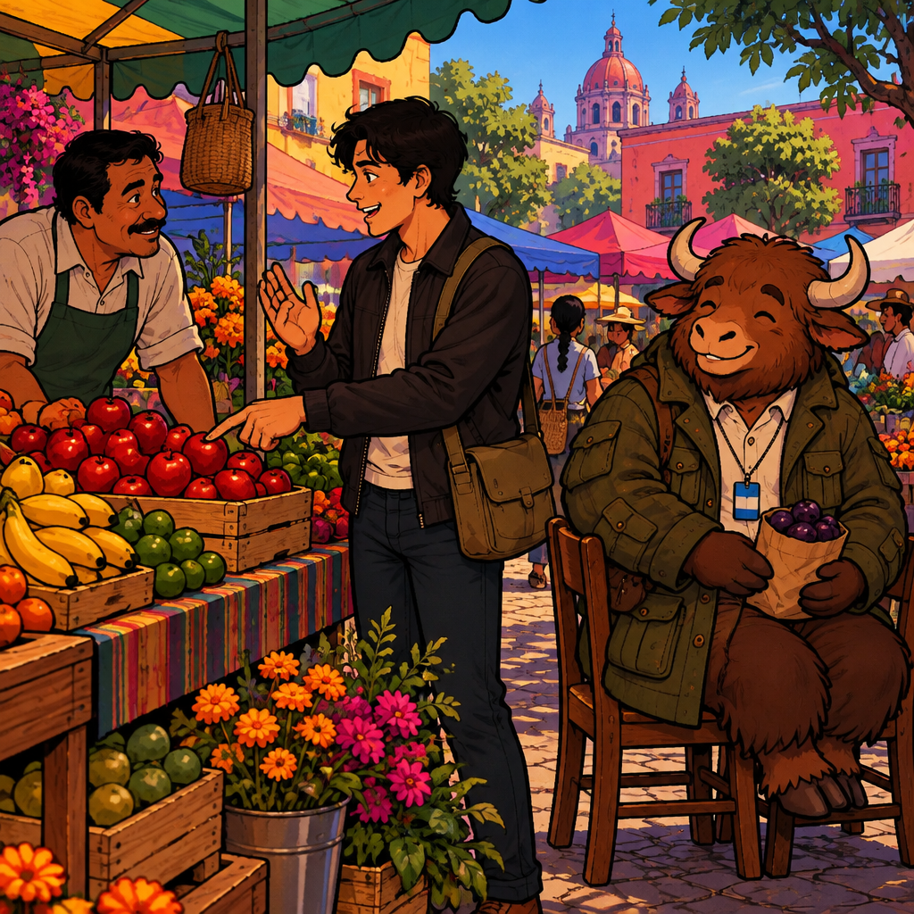 Justin at the stall asks the vendor for half a kilo of apples, gesturing toward them.