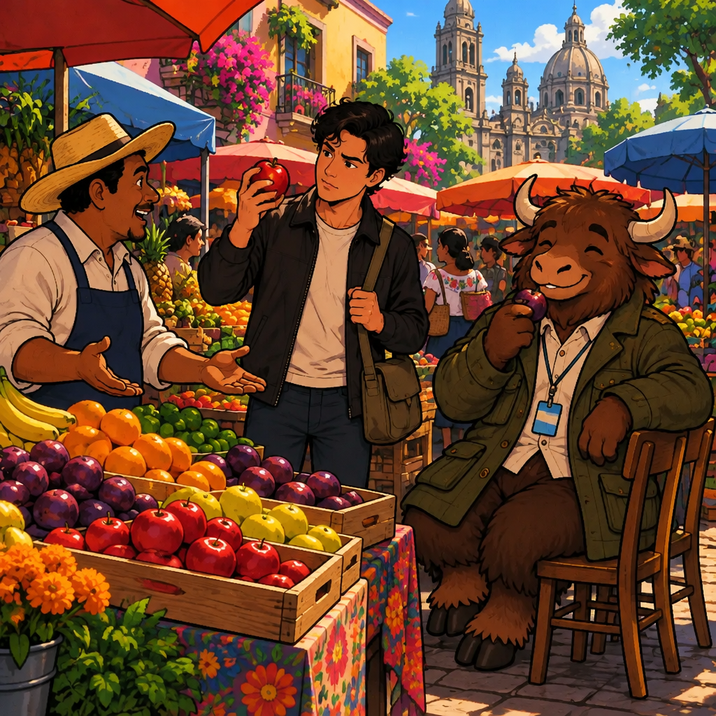 Justin picks up an apple and examines it closely, asking the vendor if they are ripe.