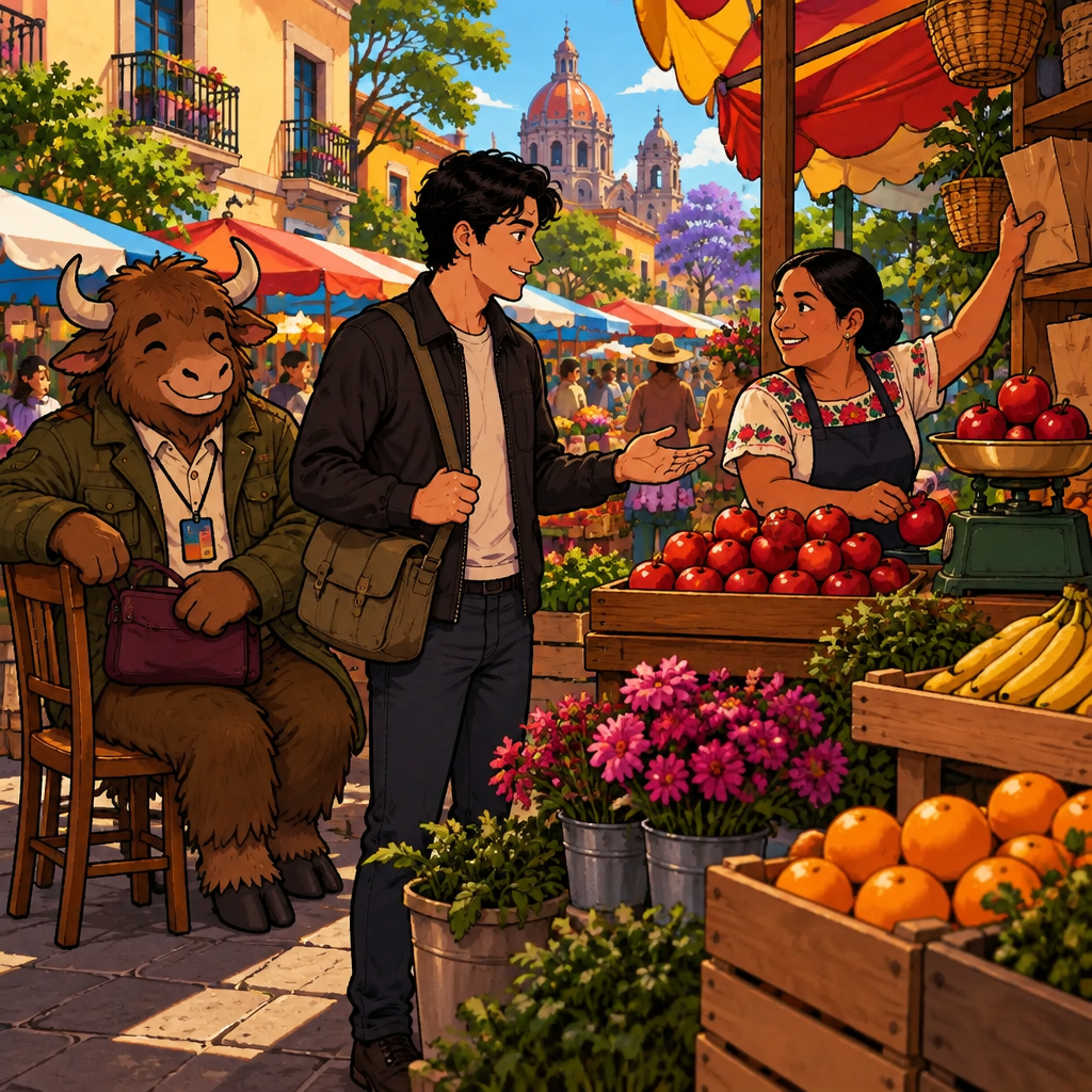 Justin, with apples on the scale, holds out his hand politely asking the vendor for a bag.
