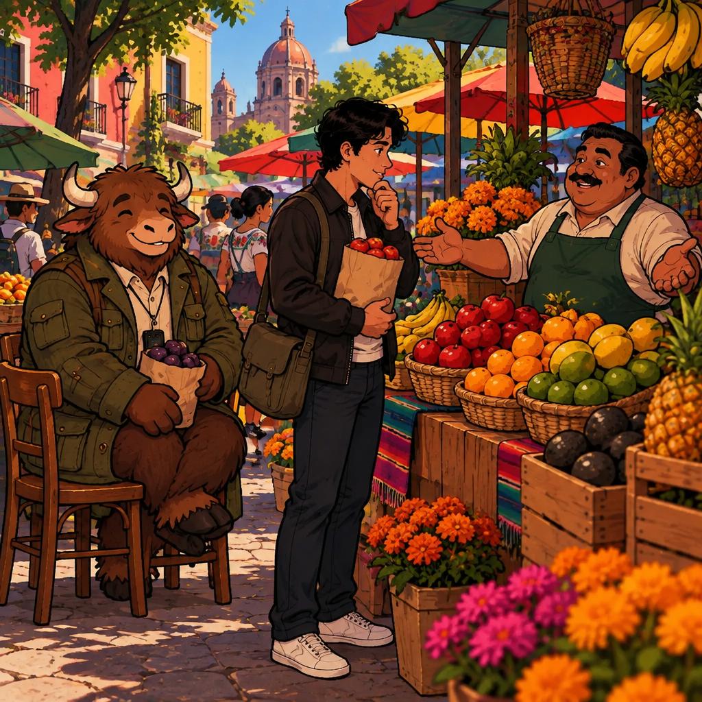 The vendor spreads his arms wide asking Justin if he wants anything else.