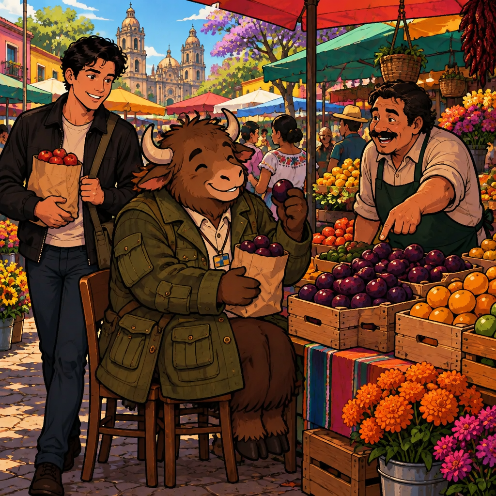 The vendor points at a crate of plums and calls out their price to Yako.
