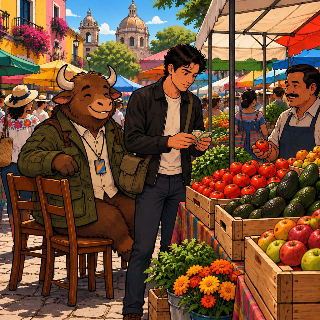 A busy daytime market stall piled with tomatoes, avocados and apples, with a vendor behind it, Justin at the tomato crate, and Yako beside him on two chairs.