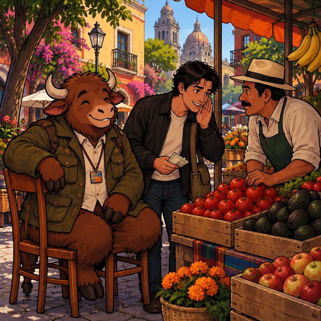 Justin leans close to the vendor and quietly says he is short on money, holding a few bills.