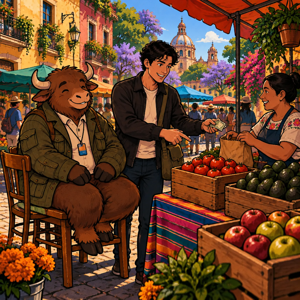 Justin points at the tomatoes and tells the vendor he can cover those, holding out his bills.