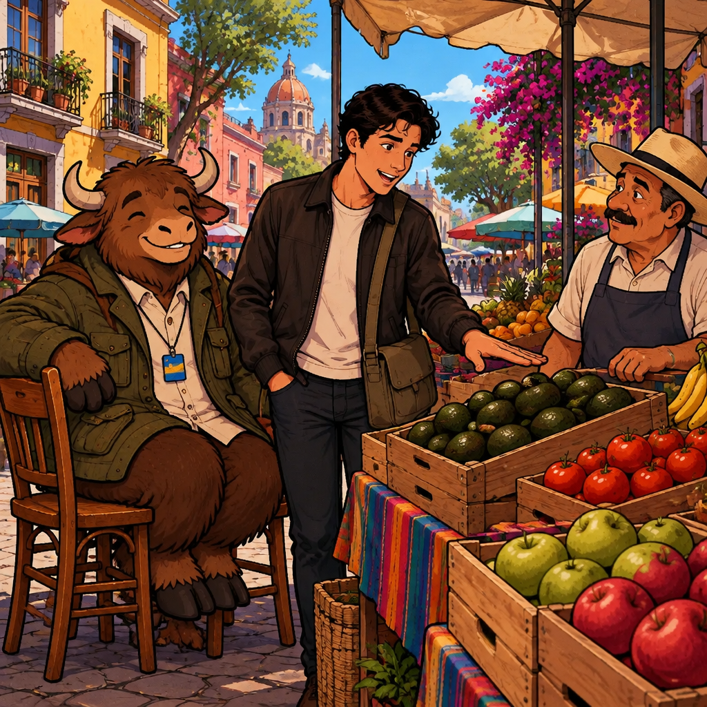 Justin shakes his head at the avocados, telling the vendor he cannot cover those.