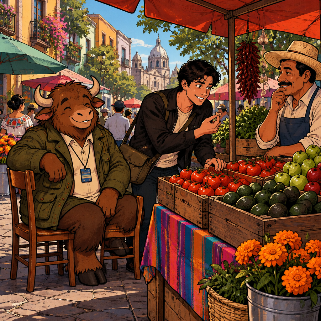 Justin leans over the tomatoes with a hopeful smile, asking the vendor for a better price.
