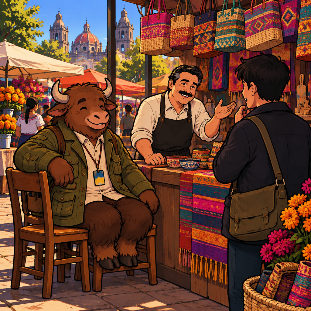 The vendor raises a welcoming hand in greeting to Justin before anything is asked.