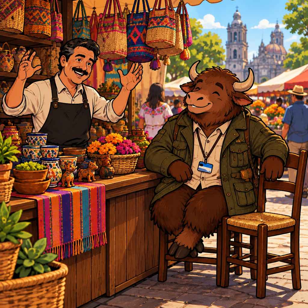 The vendor describes a local celebration with animated hands while shoppers mill in the background.