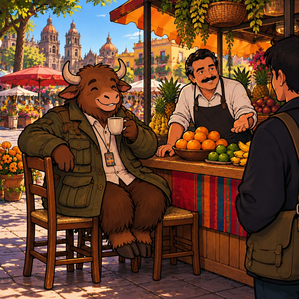 The vendor points a curious open hand toward Justin, asking about his country.