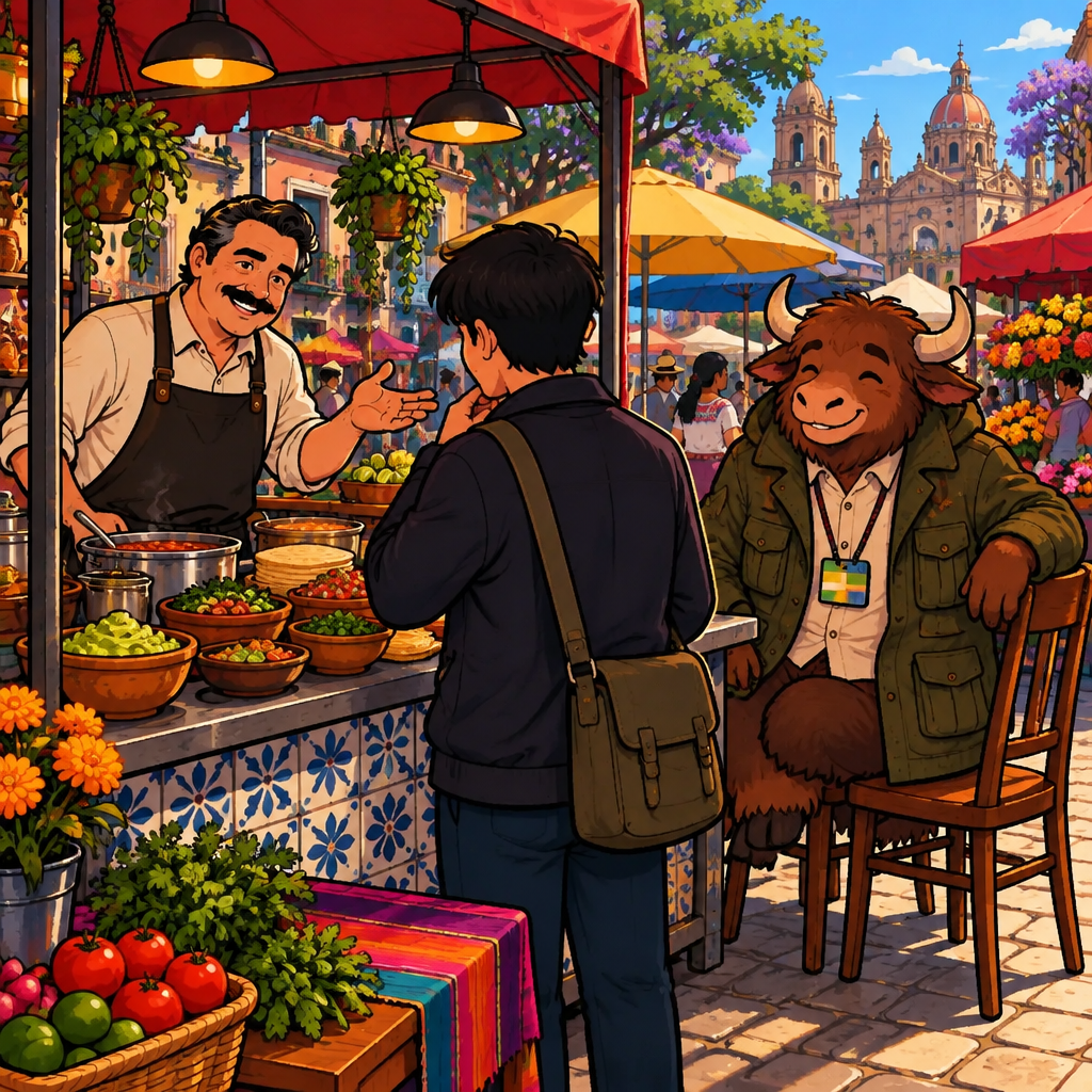 The vendor tilts his head and gestures questioningly at Justin, asking whether he does this at home.