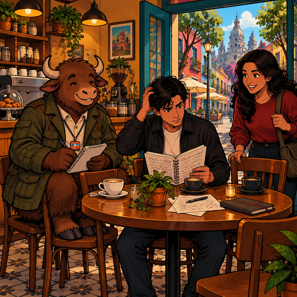 Café Laurel, late morning. Justin has a notebook full of meeting notes he can't quite make sense of, and Alex has just walked in from the same meeting. Yako is on his two chairs, listening like he takes minutes.
