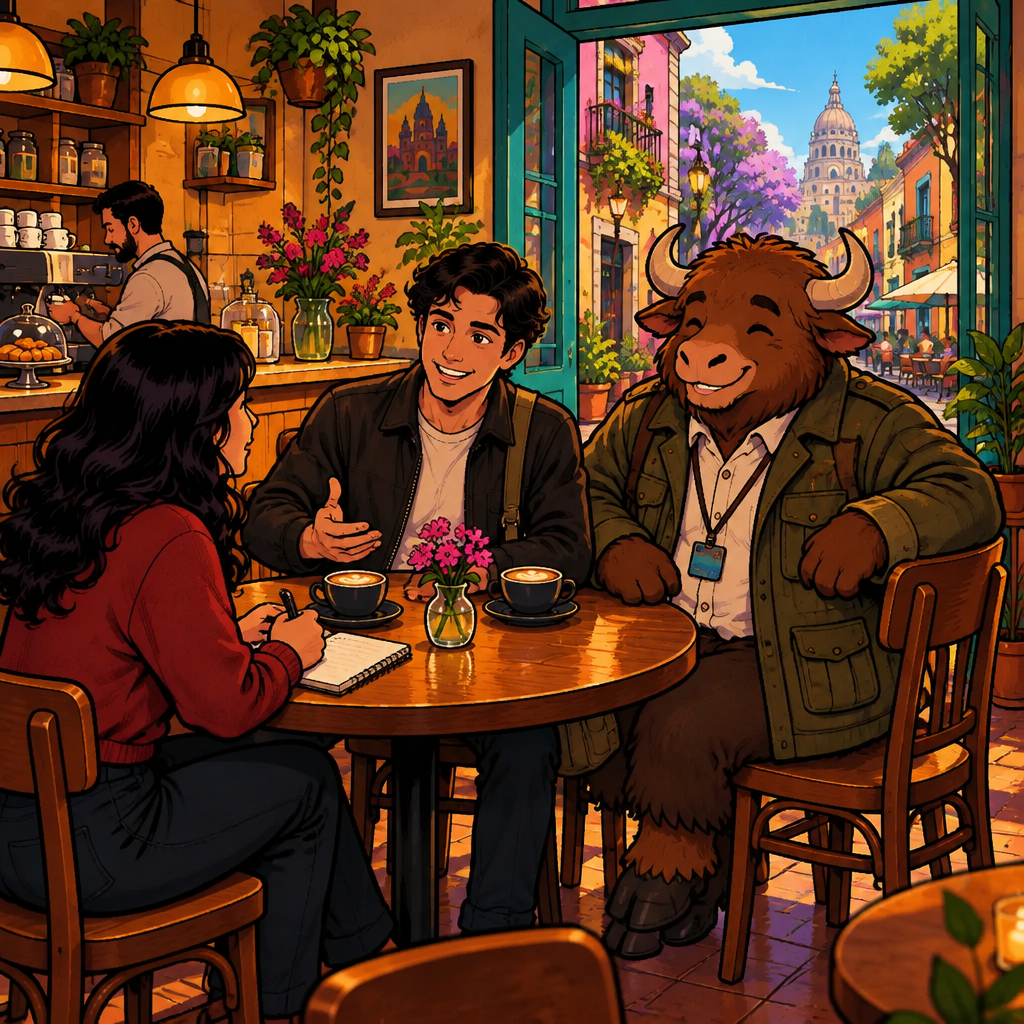 Café Laurel, late afternoon. Alex arrives with a notebook and sits across from Justin at the usual table. Yako pulls his second chair a little closer, because interviews at the café are a neighborhood event, and Michael