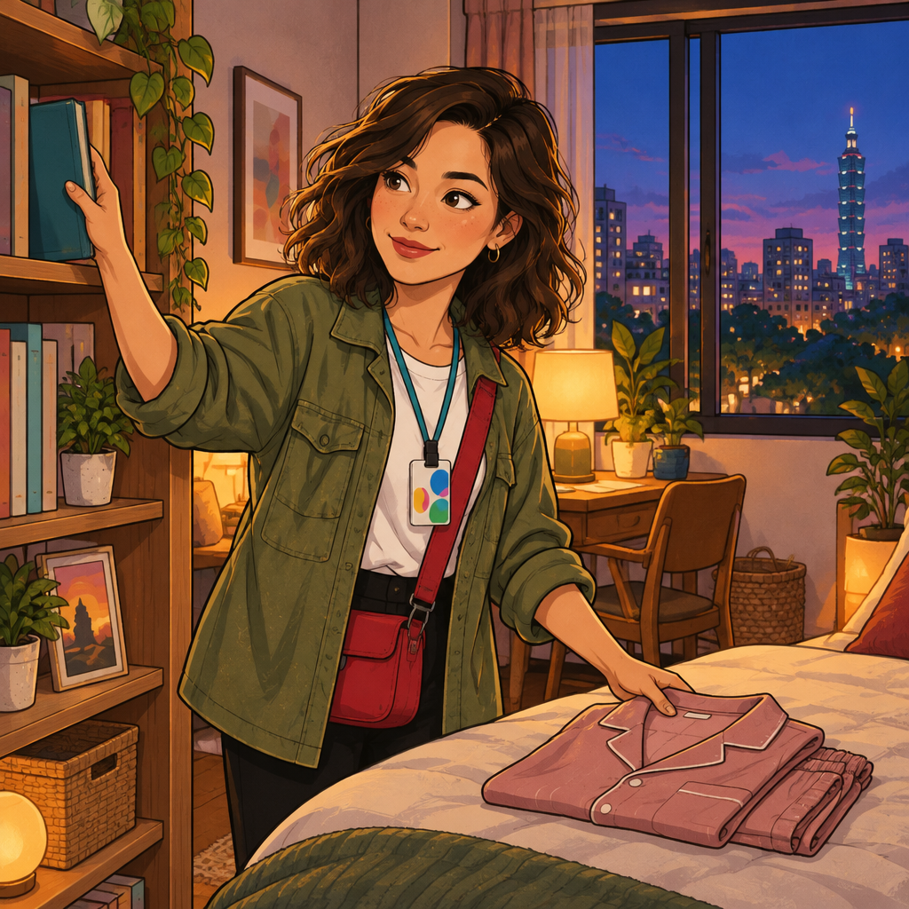 Maya gets ready for bed early in a calm apartment, conveying that she usually does not stay up late.