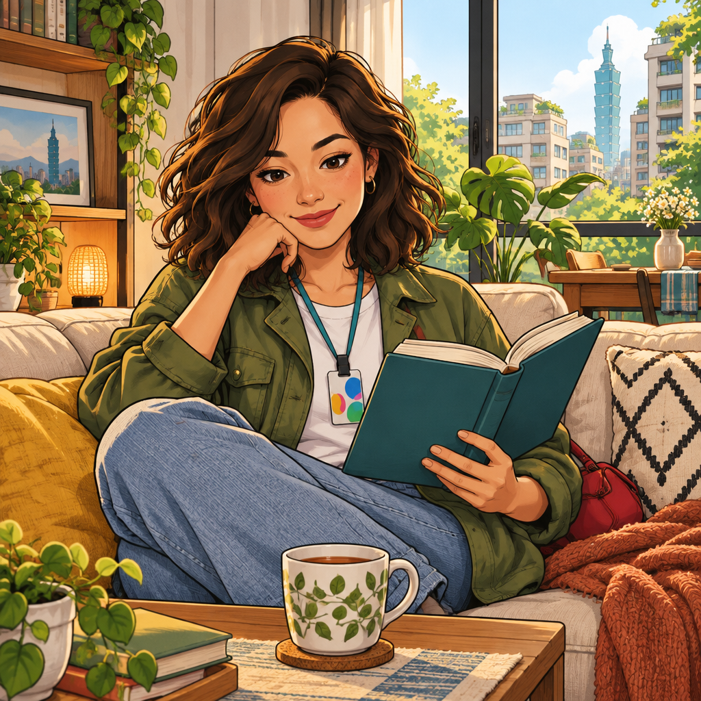 Maya relaxes at home on a weekend afternoon.