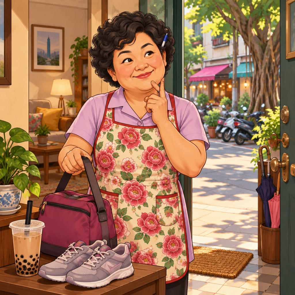 Auntie Lin pauses at her doorway, considering whether to go out or stay in, suggesting it depends on the day.