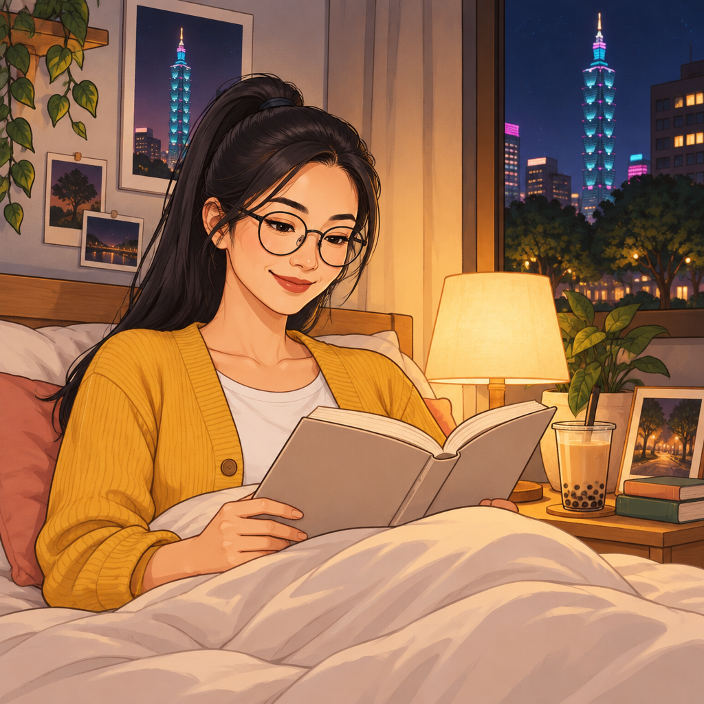 Yi-Jun reads a book in bed before going to sleep.