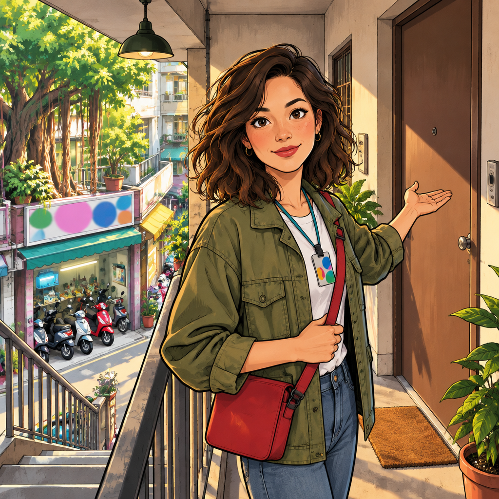 Maya stands on the apartment’s upper landing, making clear that her home is on the second floor.